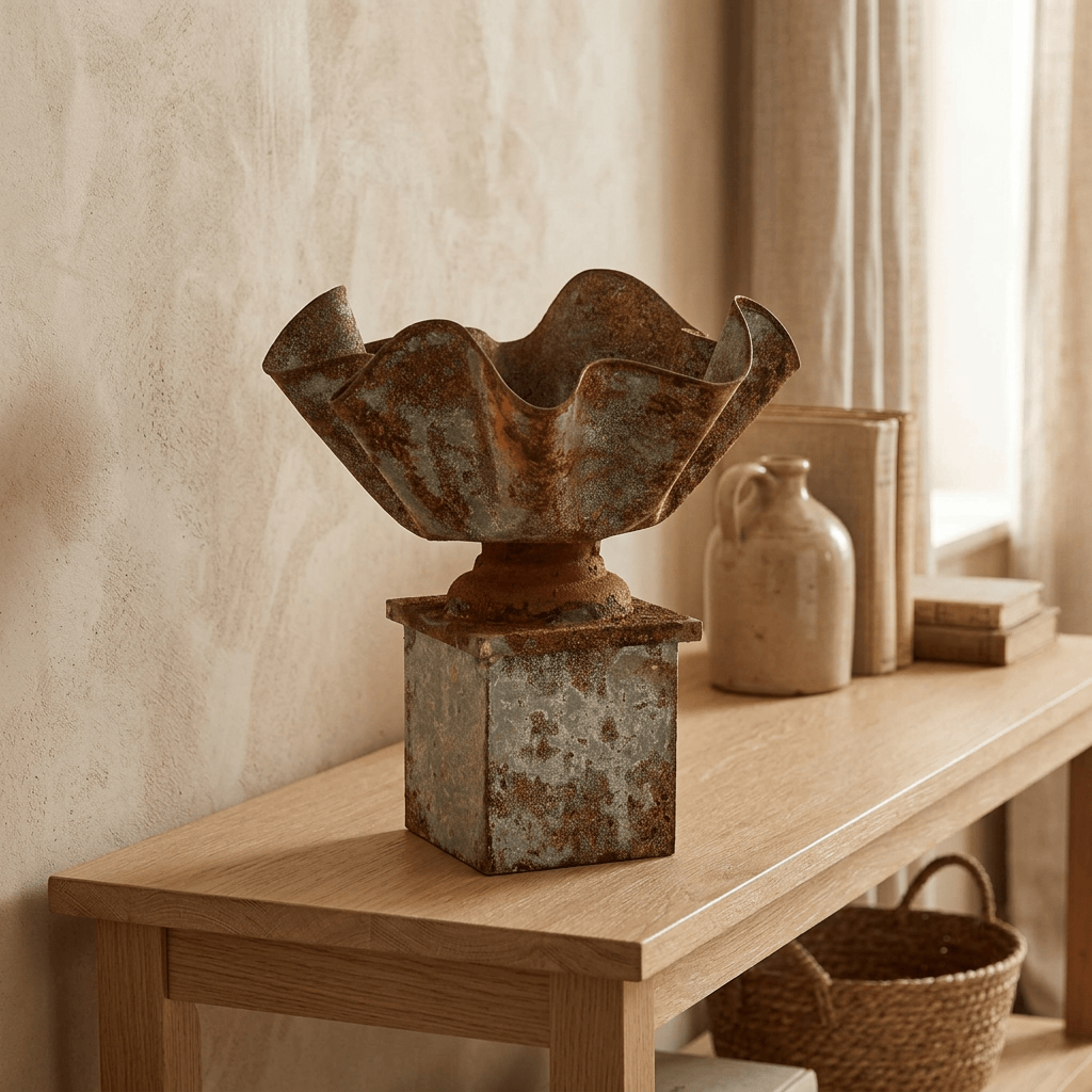 Galvanized iron pedestal planter displayed empty on a light wood console in a softly lit country-house interior.