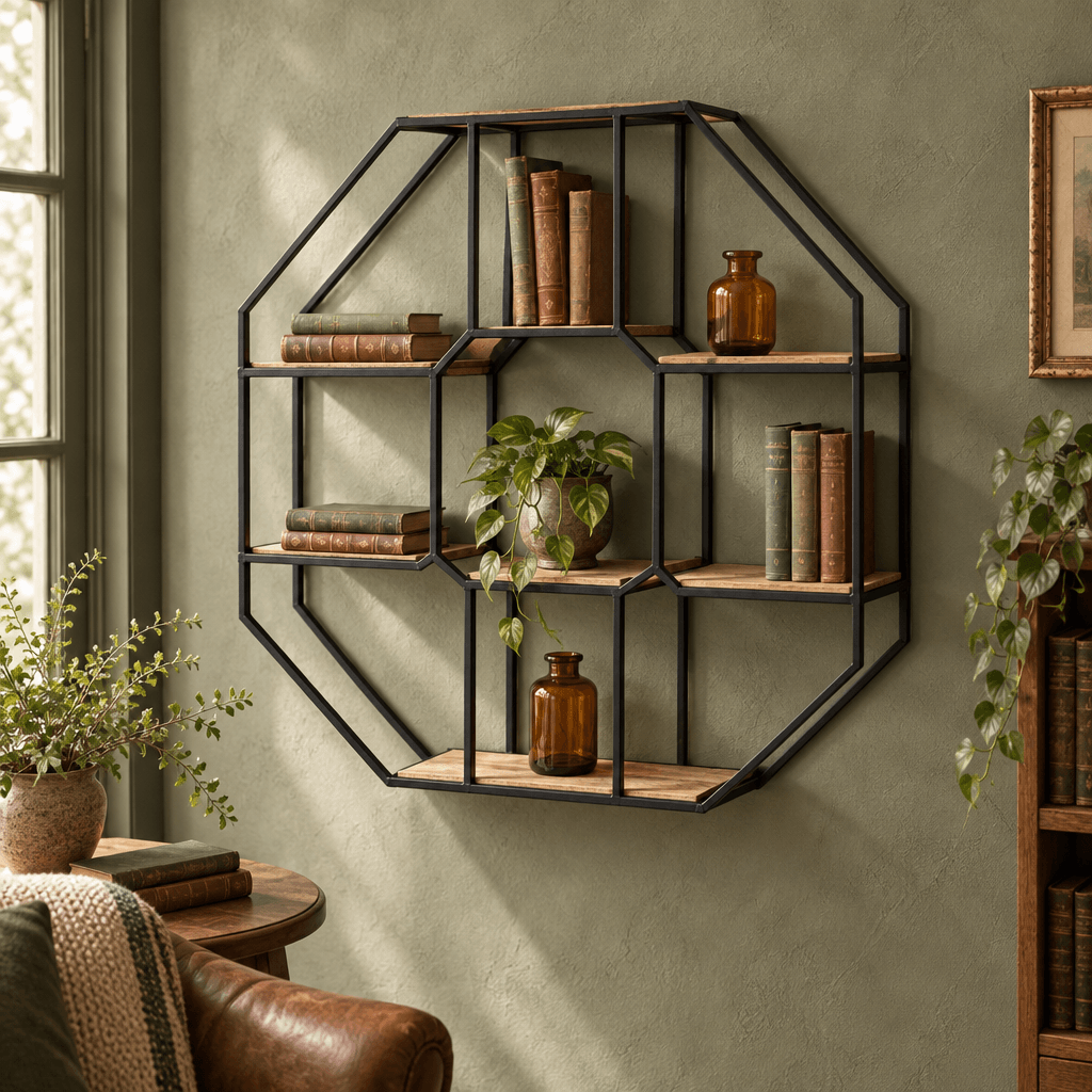 Octagonal iron and wood wall shelf with vintage books and amber glass against a sage wall.