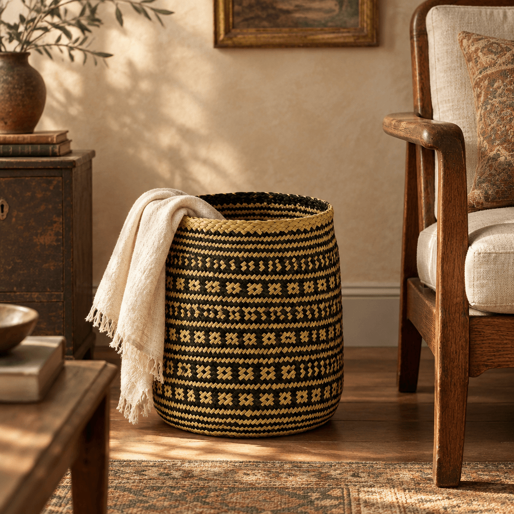 Black geometric seagrass basket holding a cream throw beside a vintage oak armchair.