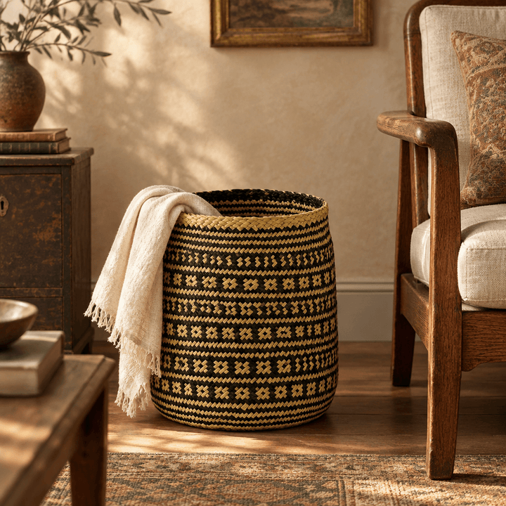 Black geometric seagrass basket holding a cream throw beside a vintage oak armchair.