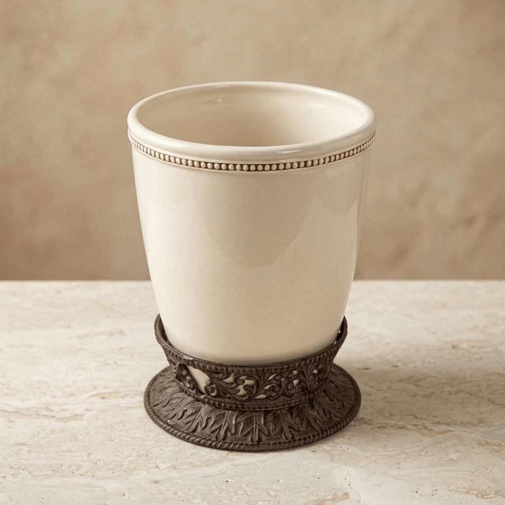 Closer view of Bellavita wastebasket showing cream glaze, beaded rim detail and dark acanthus pedestal