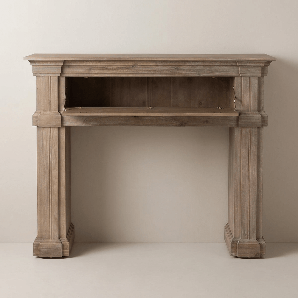 Driftwood decorative mantel with its drop-front panel open to reveal the concealed storage compartment.