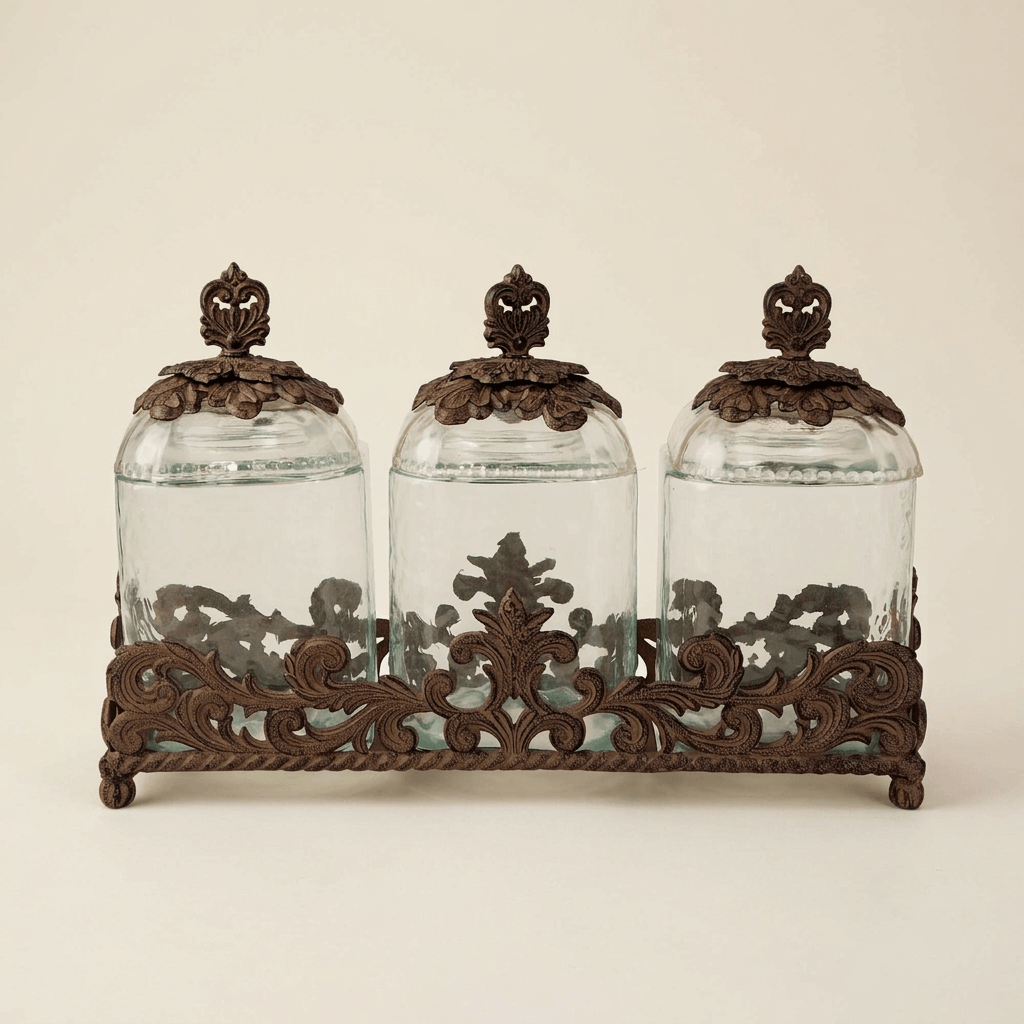 Three empty Bellavita glass canisters with ornate dark metal lids and shared scrollwork base on an ivory background