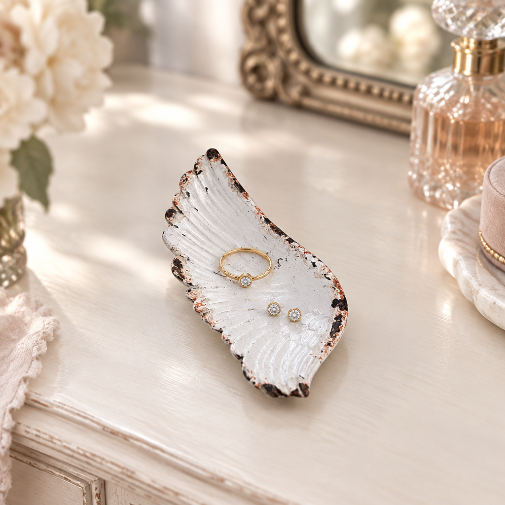 Rustic white pewter angel wing jewelry tray styled with a ring and earrings on a vanity