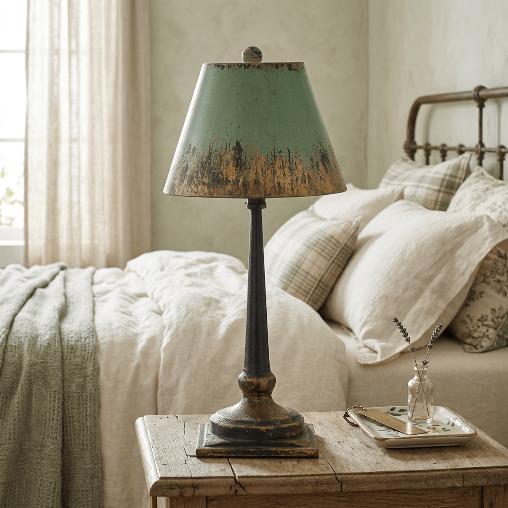 Adeline distressed green and gold table lamp beside ivory bedding in a French country bedroom