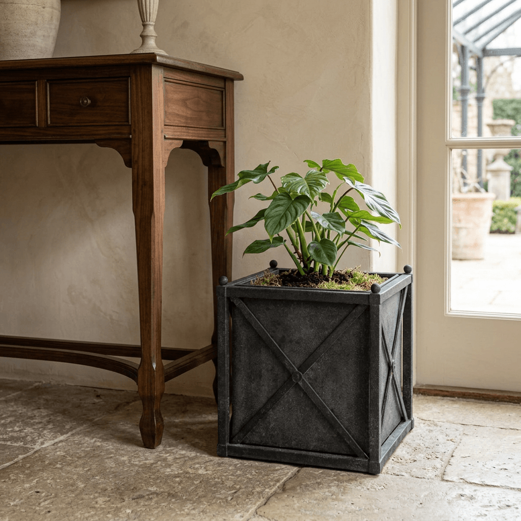 Orangerie Black Iron Estate Planter in Small, styled with leafy greenery beside a wooden entry console.