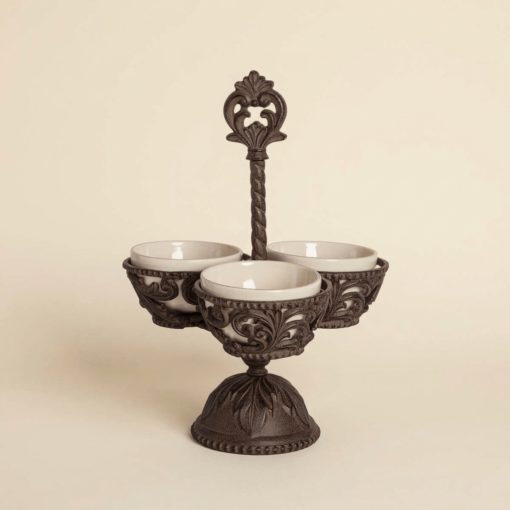 Bellavita Stoneware Condiment Server with three cream bowls and ornate dark metal pedestal on an ivory background.
