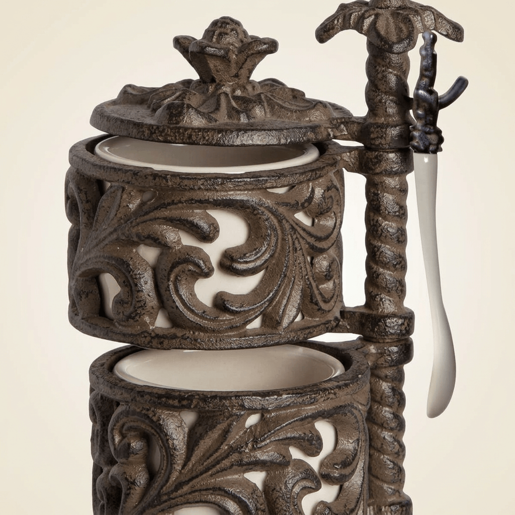 Close-up of Bellavita Spice Cellar cream ceramic jars, dark scrolling acanthus metal holders, ornate lid, and hanging spoon.