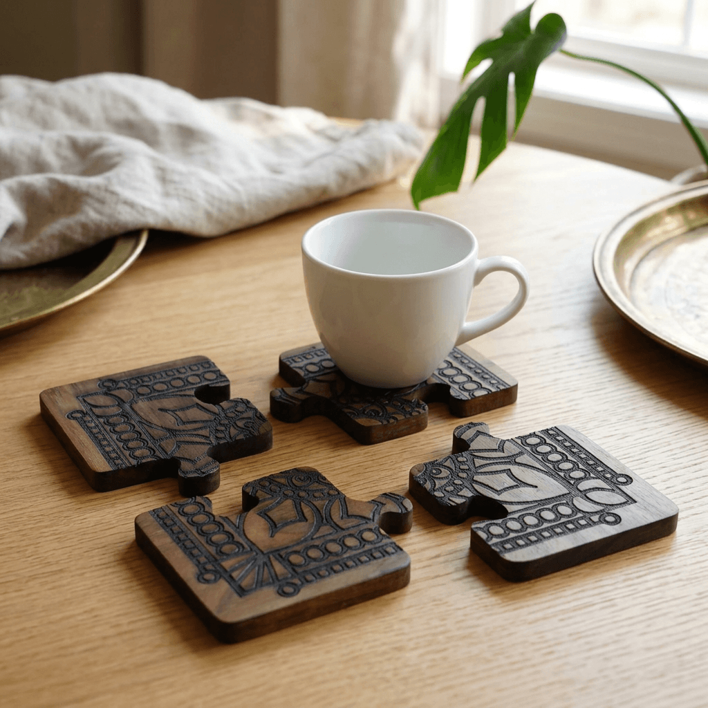 Engraved walnut puzzle coasters on an oak coffee table with a white ceramic coffee cup.