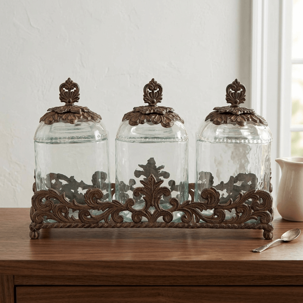 Bellavita glass canister trio in its decorative metal base on a wooden sideboard