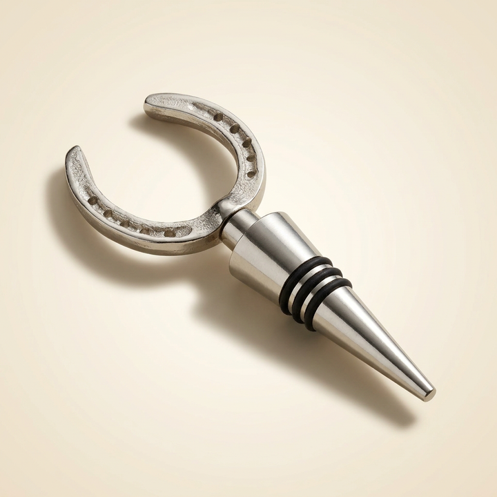 Silver horseshoe bottle stopper with three black silicone rings on an ivory studio background.