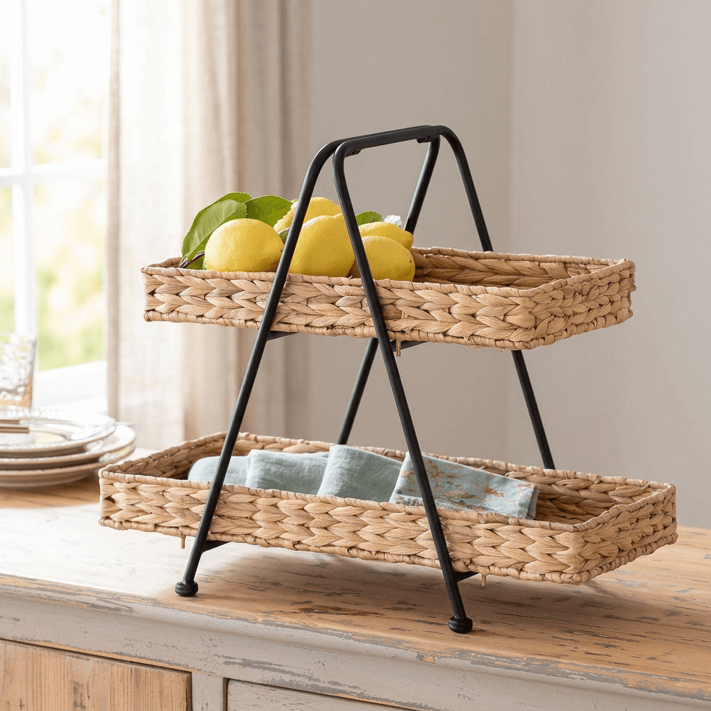 Seraphine Two-Tier Basket Stand with lemons in the top tier and folded napkins in the bottom, styled on a light wooden sideboard