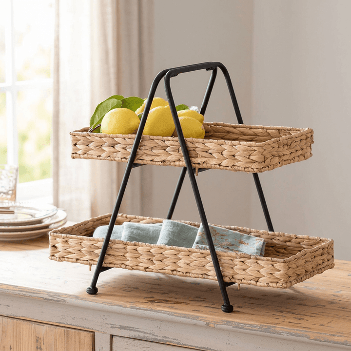 Seraphine Two-Tier Basket Stand with lemons in the top tier and folded napkins in the bottom, styled on a light wooden sideboard