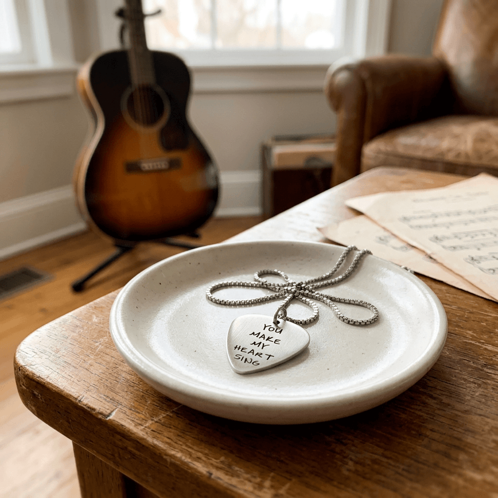 Engraved stainless steel guitar-pick necklace on a ceramic jewelry dish in a music room.