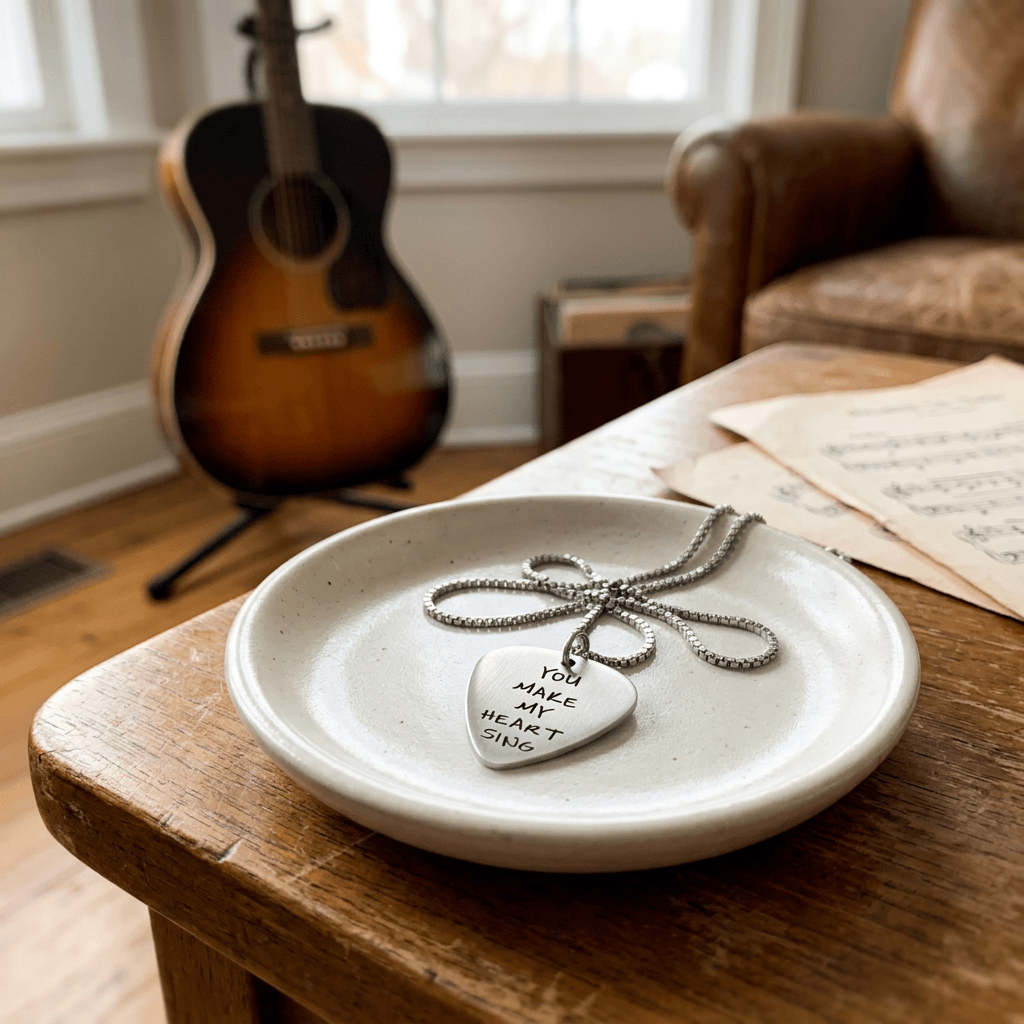 Engraved stainless steel guitar-pick necklace on a ceramic jewelry dish in a music room.