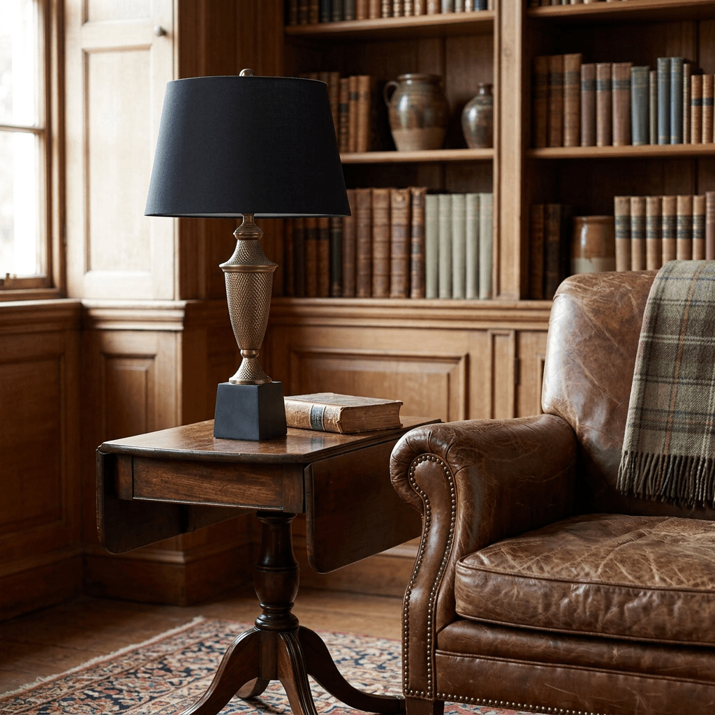 Ashbourne urn table lamp with textured antique brass finish and black shade beside a leather armchair in a library setting.