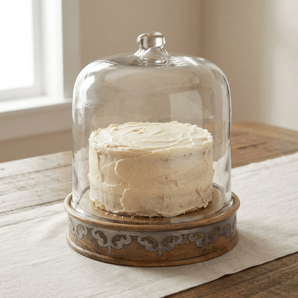 Belvedere Cake Keeper with Glass Dome displaying a buttercream cake on a wood dining table.