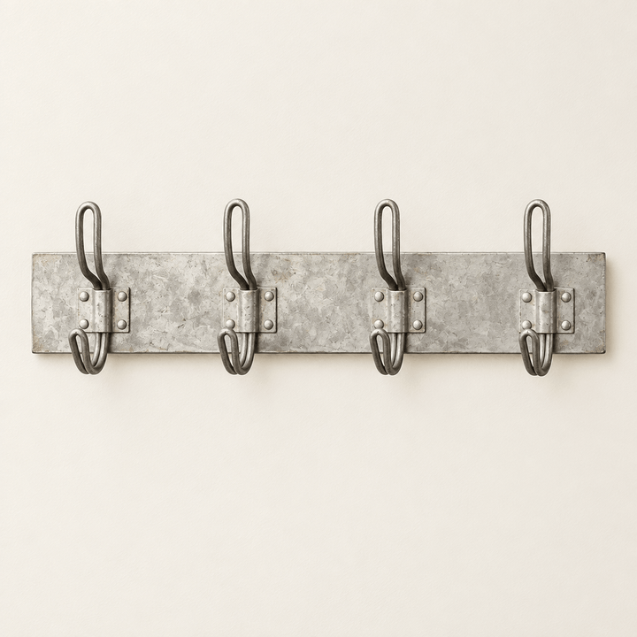 Metal Wall Hook Rack with four double hooks against an ivory wall