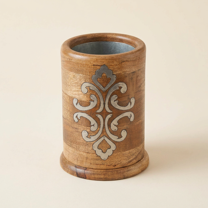 Belvedere mango wood wine chiller with silver-tone scrollwork inlay on an ivory background.