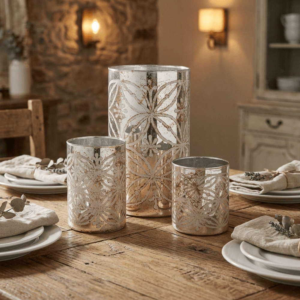 Etched Floral Mercury Glass Candle Holders (Set of 3) on a rustic dining table place setting