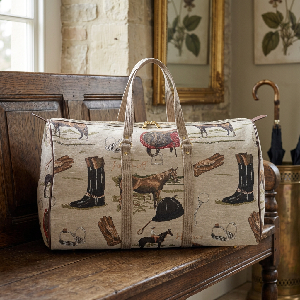 English equestrian tapestry duffle bag resting on an oak bench in a country-house entryway.