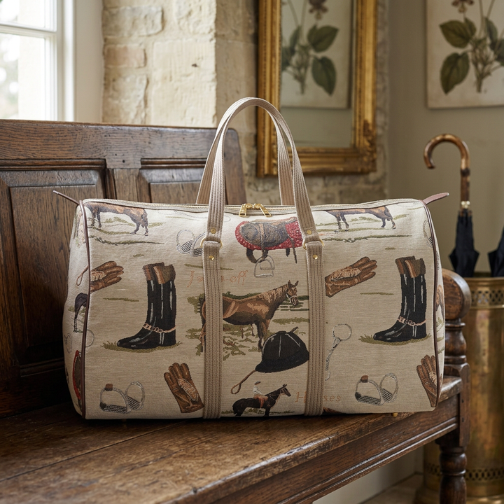 English equestrian tapestry duffle bag resting on an oak bench in a country-house entryway.
