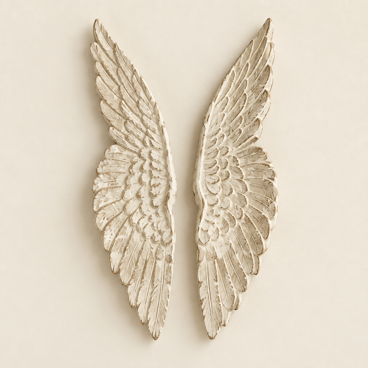Pair of distressed wooden angel wings against an ivory wall