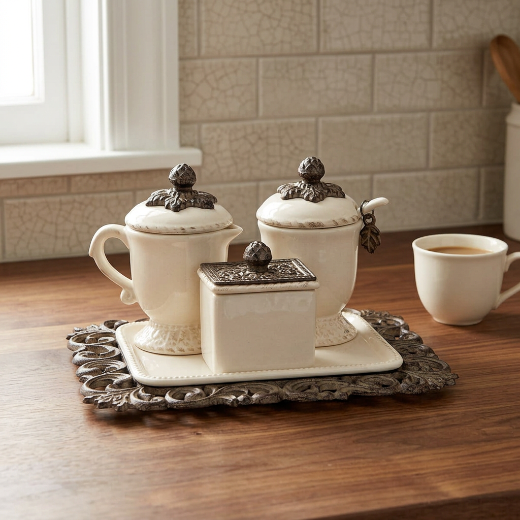 Bellavita cream ceramic creamer, sugar bowl and sweetener box on a decorative tray on a kitchen counter.