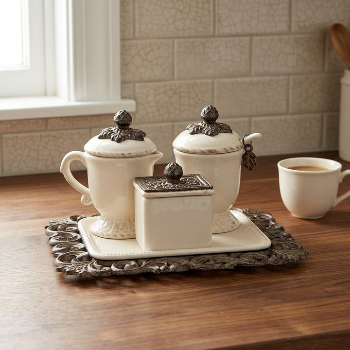 Bellavita cream ceramic creamer, sugar bowl and sweetener box on a decorative tray on a kitchen counter.