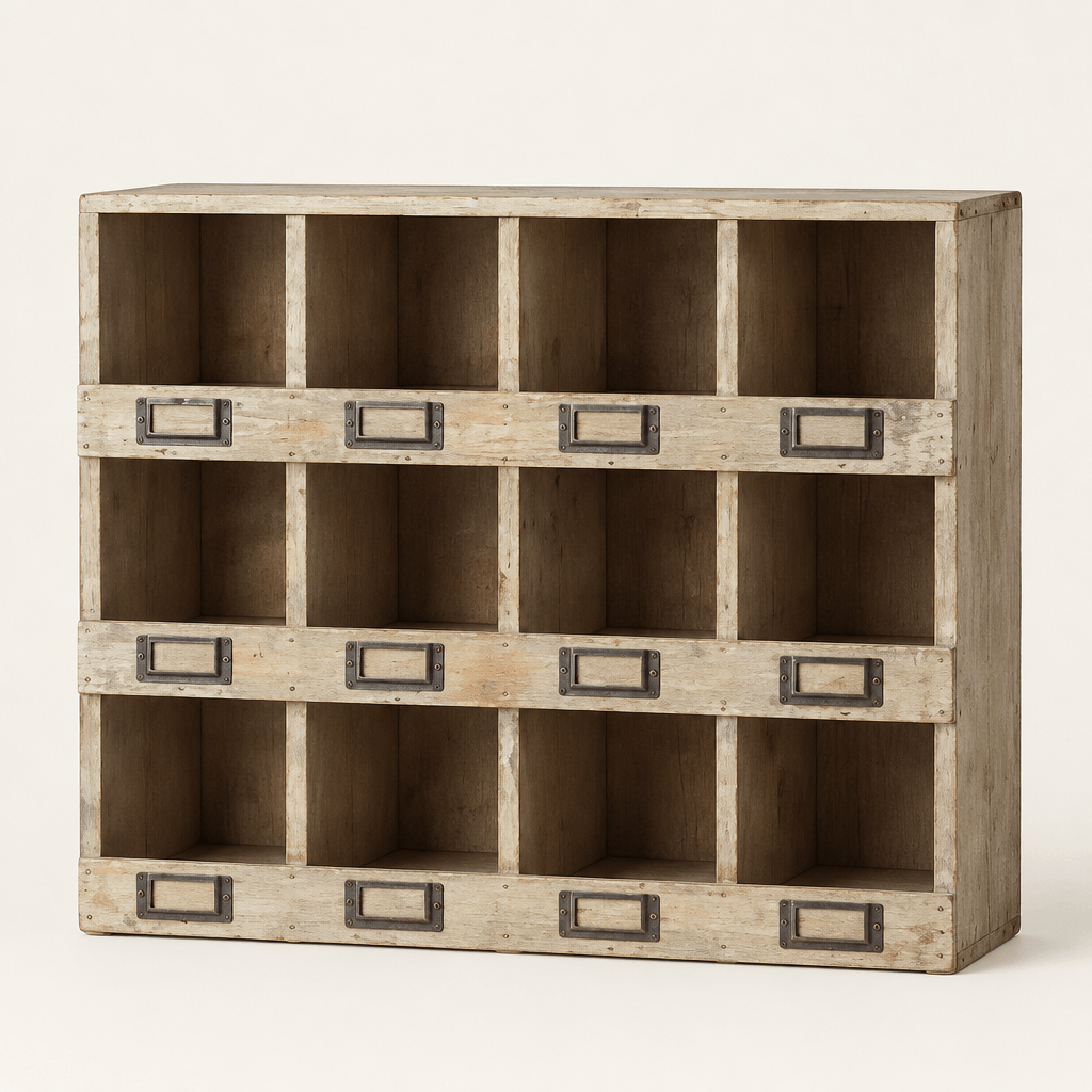 Rustic recycled pine cubby box with twelve open compartments and metal label holders