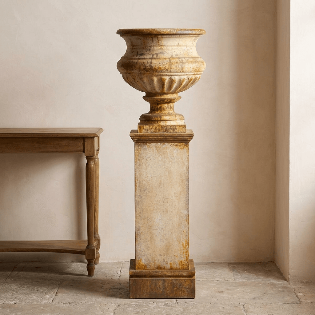 Montclair Iron Urn with Pedestal in Rust Patina, showing its pale aged finish and warm rust detailing beside a wooden console.
