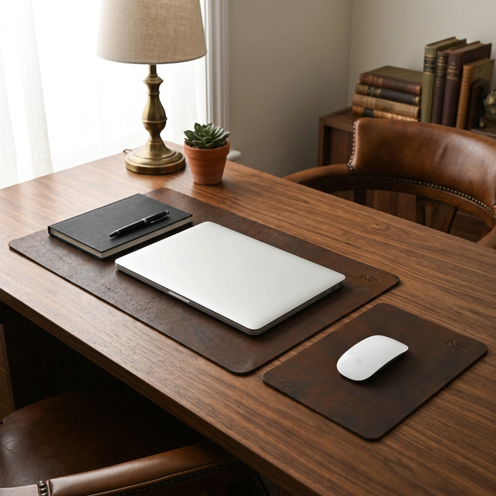 Espresso leather desk mat and mouse pad styled on a walnut desk with a laptop, notebook, and mouse