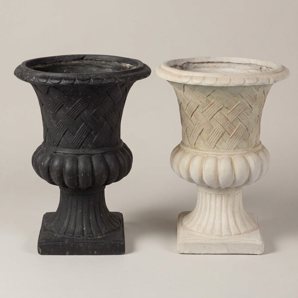 Trevi Lattice Weave Urn Planter shown in Black and Stone finishes side by side against a neutral studio background.