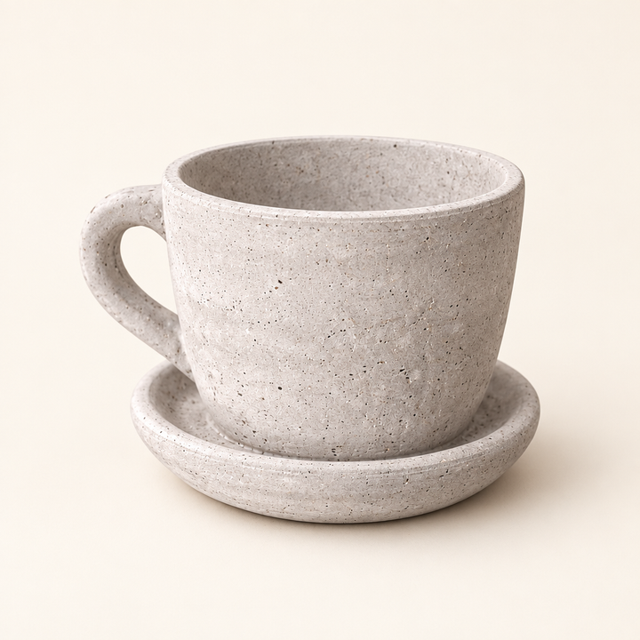 Pale speckled cement teacup planter and saucer on an ivory studio background