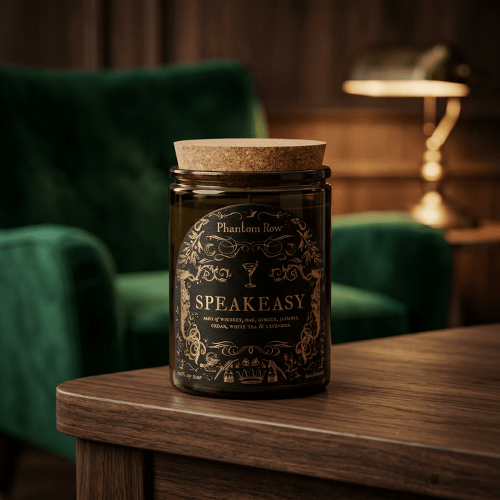 Standard Speakeasy candle with cork lid styled on a walnut console in a vintage-inspired lounge.
