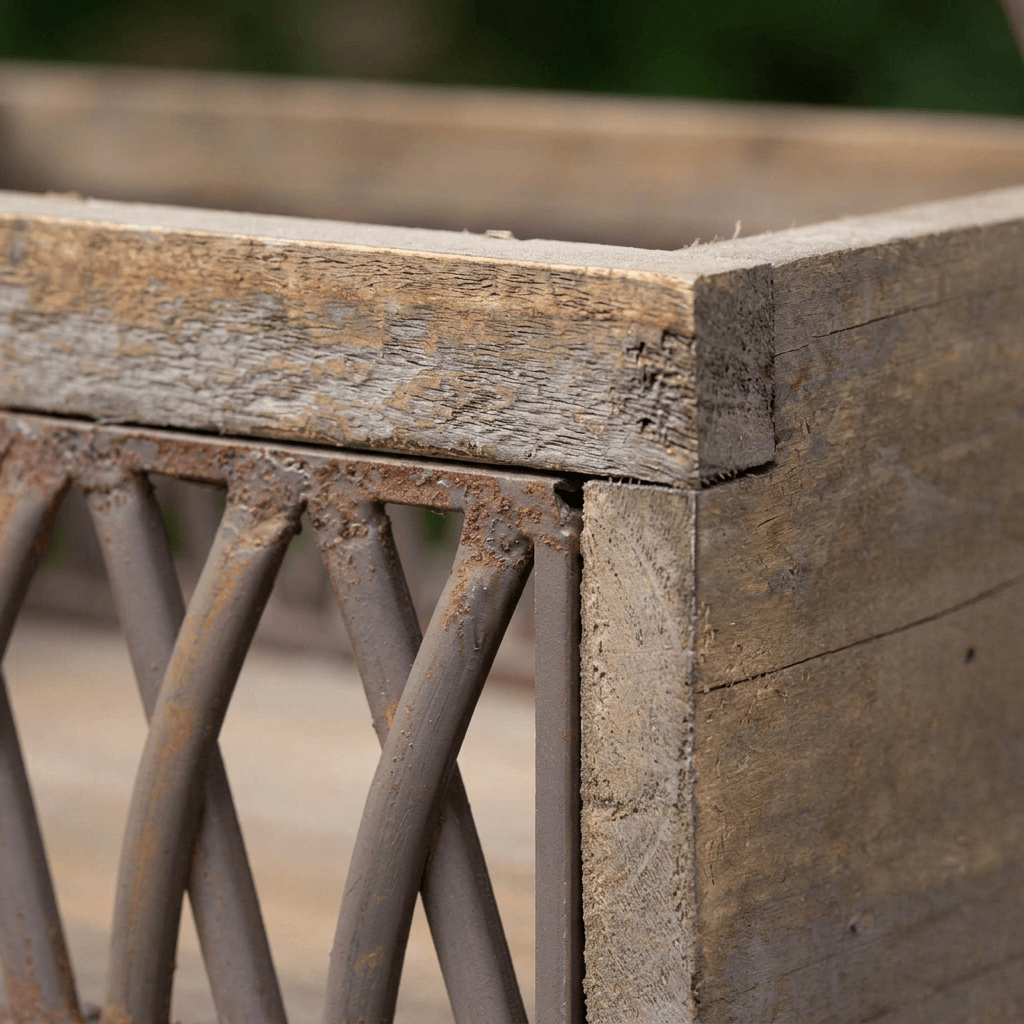 Close-up of the Bramley Garden Caddy's crisscrossed rust-toned iron lattice panel and weathered wood frame corner