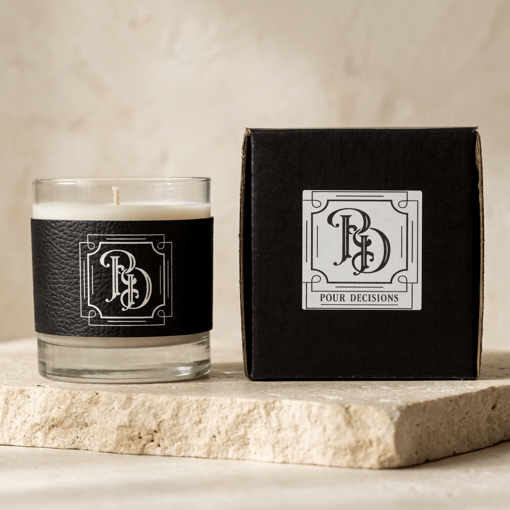 Old Fashioned Cocktail Soy Candle with black branded wrap and matching box on an ivory stone surface.