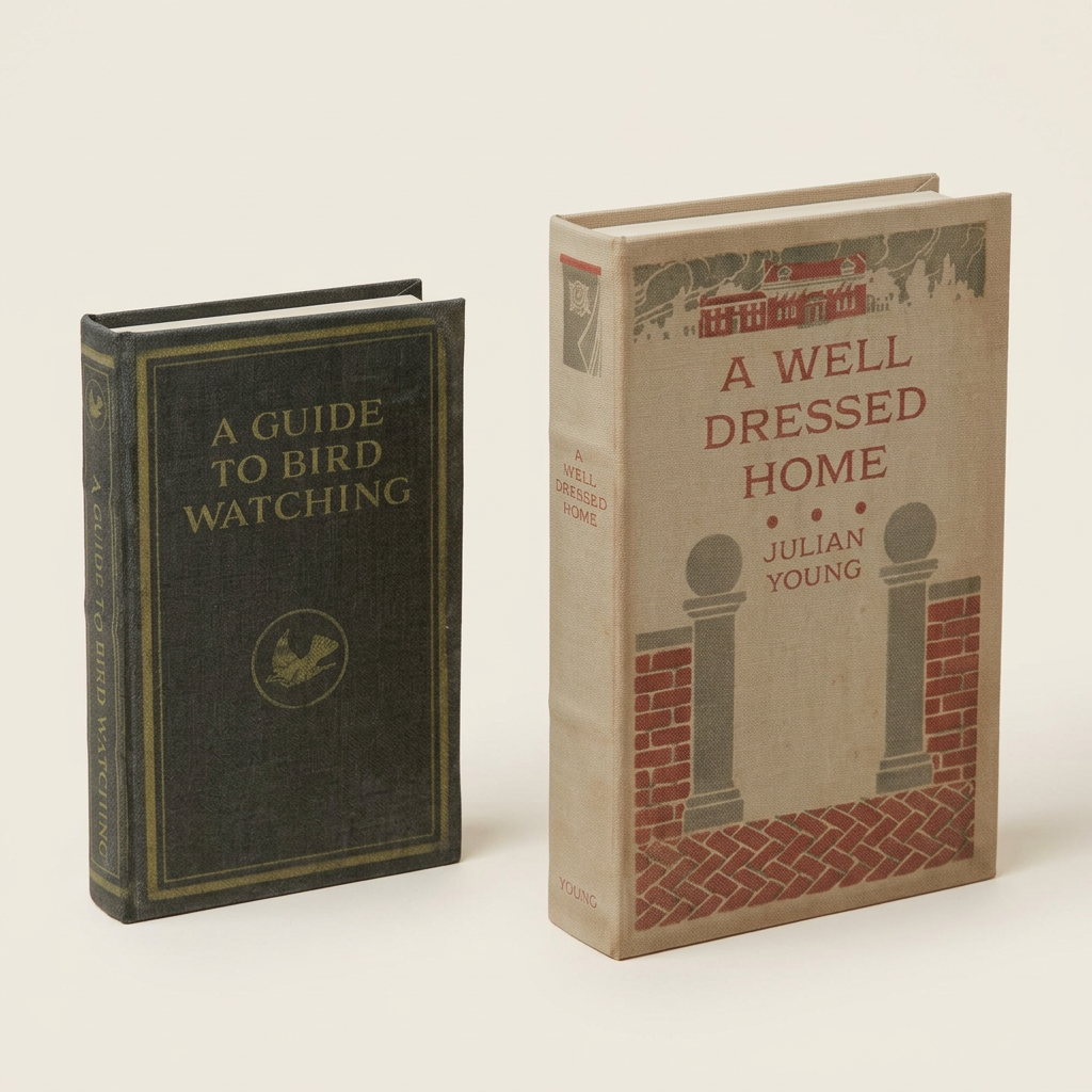 Beige A Well Dressed Home and green A Guide to Bird Watching decorative book boxes, each sold individually