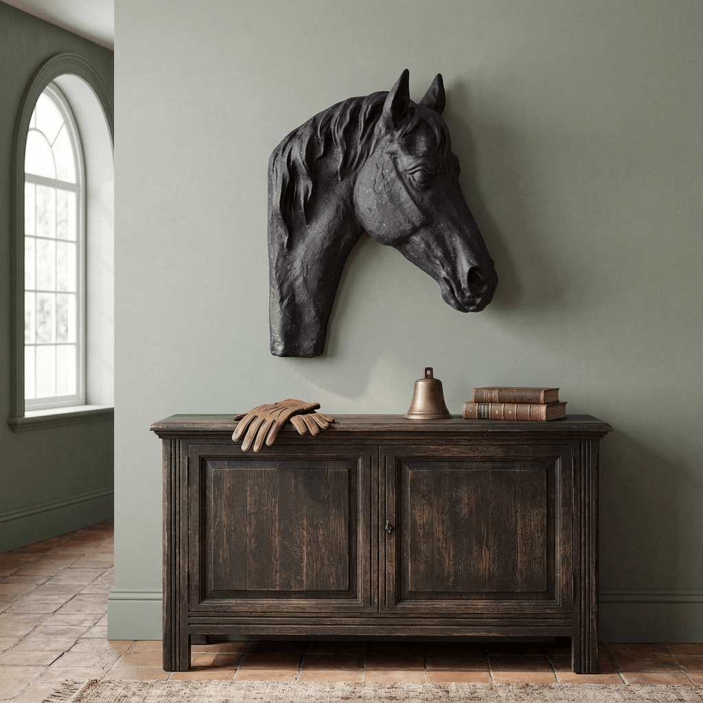 Charcoal horse-head sculpture displayed above a console against a muted sage wall in a traditional entryway.