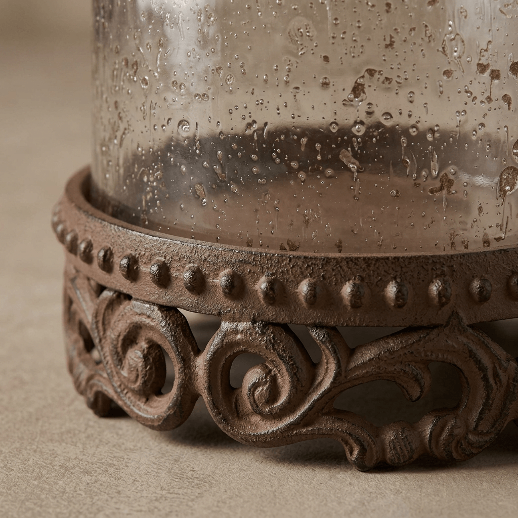 Close-up of Bellavita hurricane candle holder showing textured glass, beaded edging, and brown acanthus-leaf metalwork.