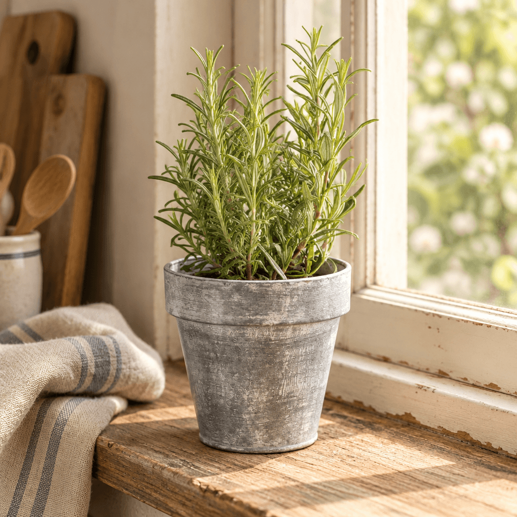 Zinc-finish metal planter styled with rosemary on a wooden kitchen windowsill.