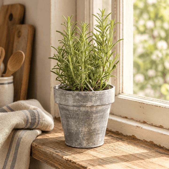 Zinc-finish metal planter styled with rosemary on a wooden kitchen windowsill.