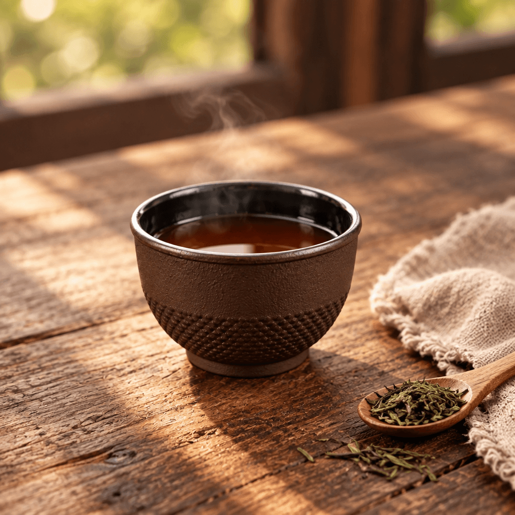 Brown Cast Iron Tea Cup containing tea on an oak table beside linen and loose tea