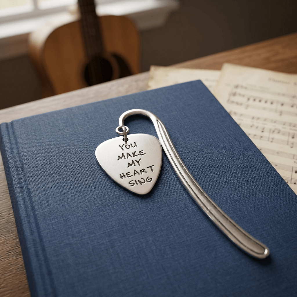 Metal guitar-pick bookmark on a clothbound book with a guitar in the background.