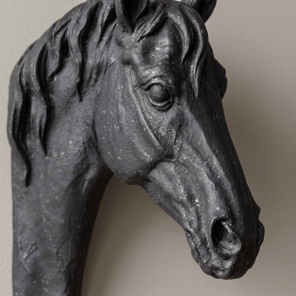 Close view of the sculpted horse's eye, flowing mane, and textured charcoal finish.