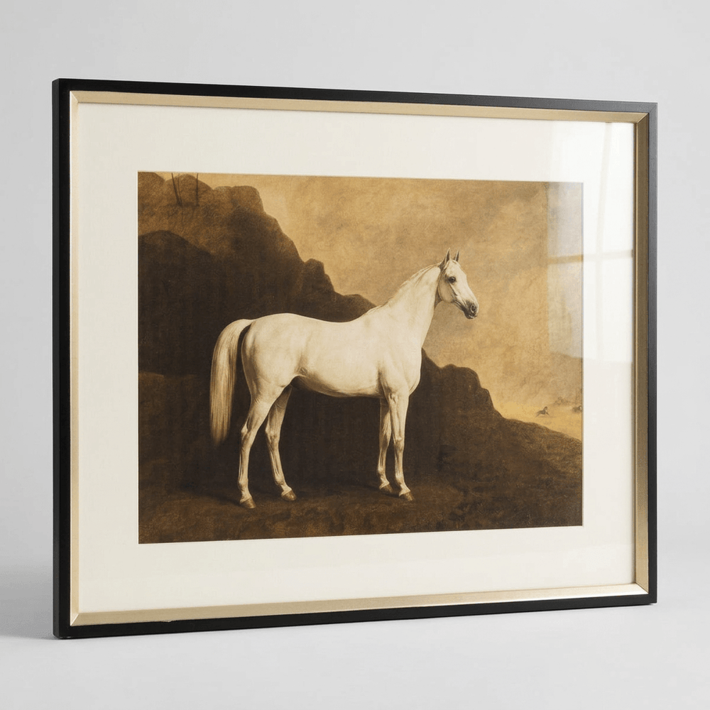 Angled view of the white thoroughbred print showing the ivory mat and slim black frame with a gold-toned inner edge.