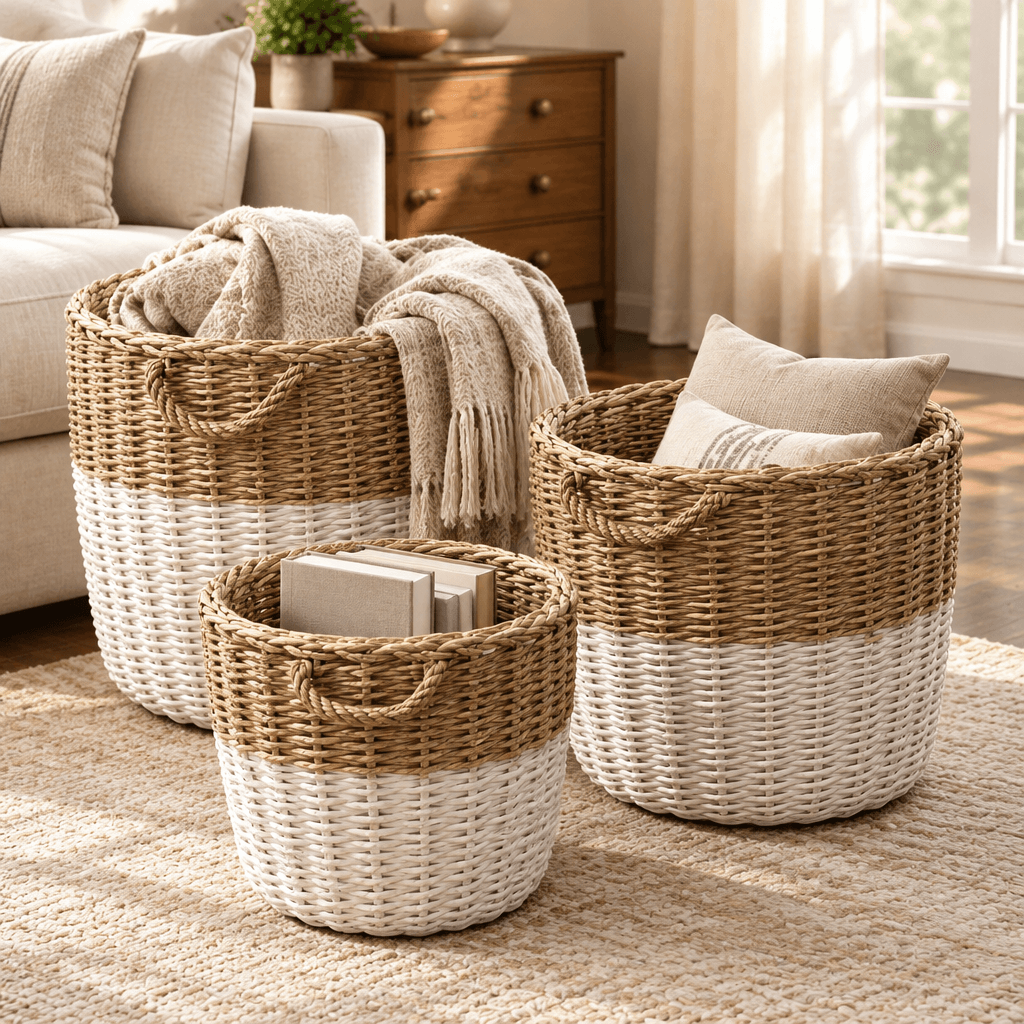 Three white-dipped willow baskets storing a throw, cushions, and books beside a cream sofa.