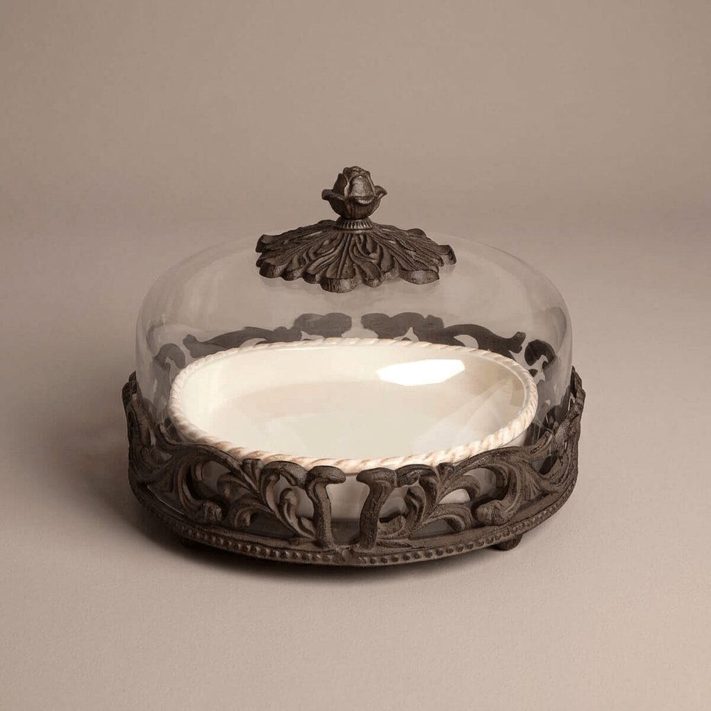 Bellavita Stoneware Pie Dish with Glass Dome showing ornate leaf finial and beaded holder against taupe.