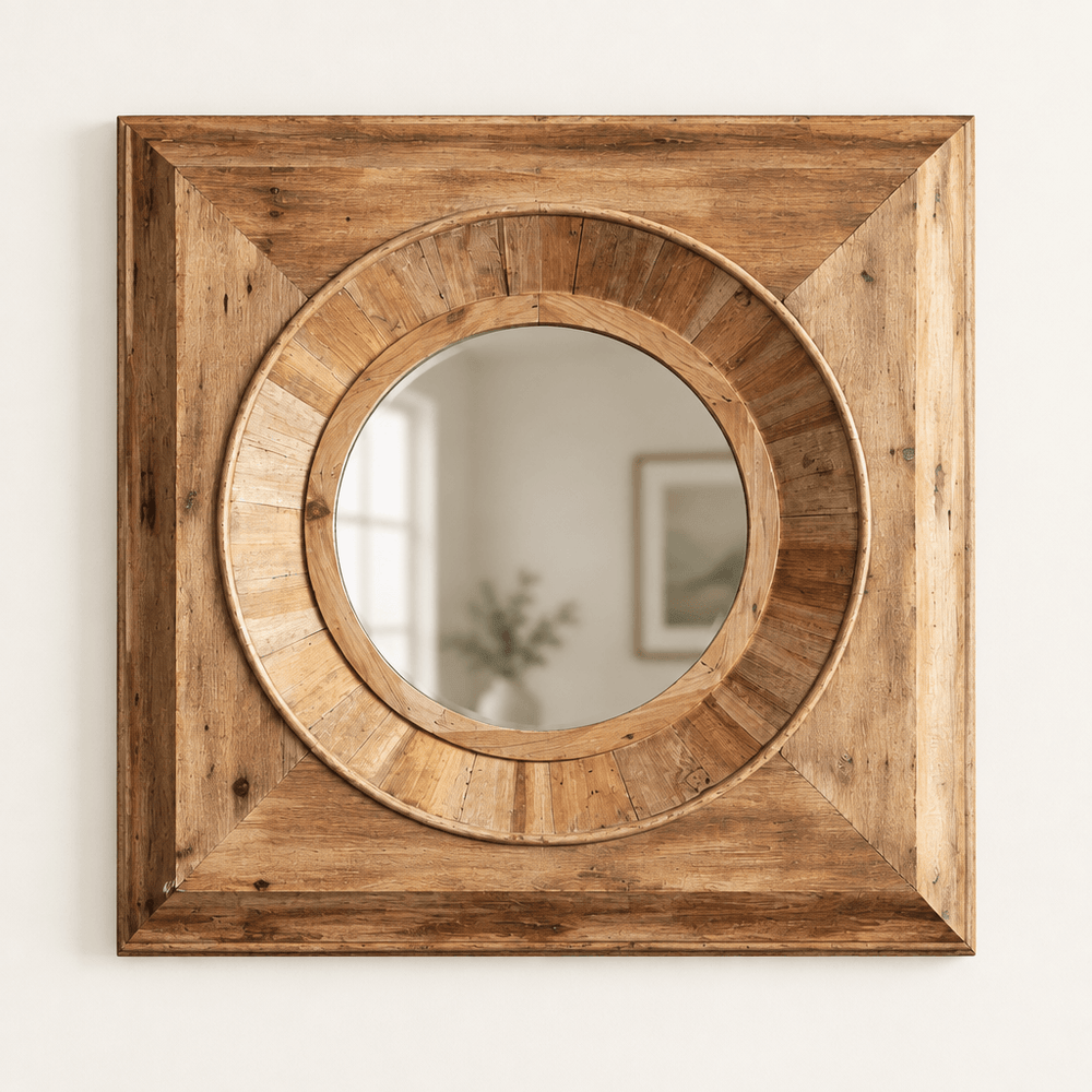 Round mirror with a square pine frame and segmented wooden surround on an ivory wall.
