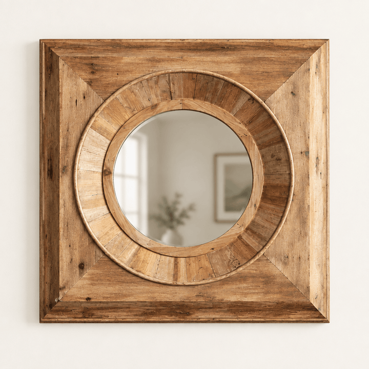 Round mirror with a square pine frame and segmented wooden surround on an ivory wall.